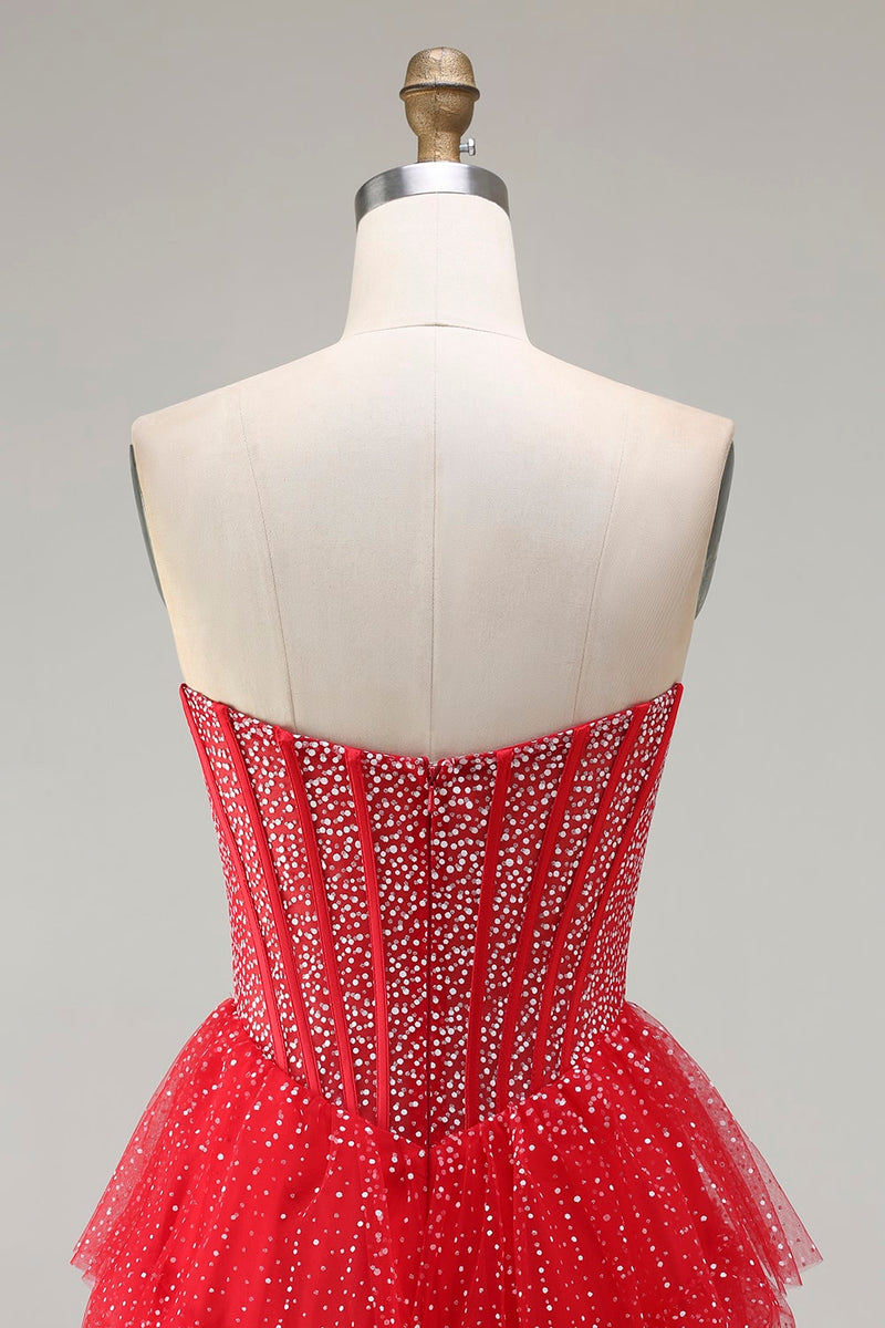 Laden Sie das Bild in den Galerie-Viewer, Schwarz-Weißes Korsett A Linie Herzausschnitt Gestuftes Polka Dots Langes Ballkleid mit Rüschen