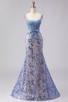 Laden Sie das Bild in den Galerie-Viewer, Meerjungfrauen-Graublaues Korsett, Pailletten-Langballkleid mit Schleife