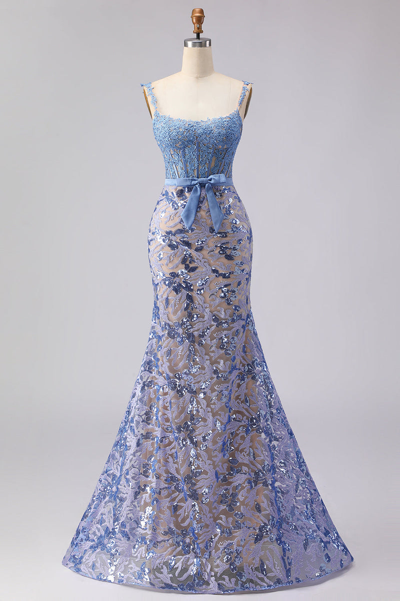 Laden Sie das Bild in den Galerie-Viewer, Meerjungfrauen-Graublaues Korsett, Pailletten-Langballkleid mit Schleife