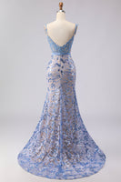 Laden Sie das Bild in den Galerie-Viewer, Meerjungfrauen-Graublaues Korsett, Pailletten-Langballkleid mit Schleife