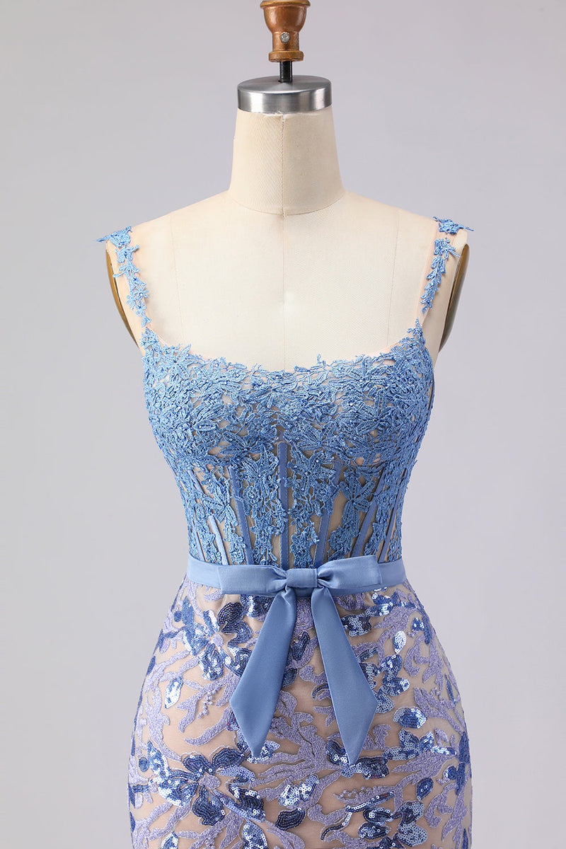 Laden Sie das Bild in den Galerie-Viewer, Meerjungfrauen-Graublaues Korsett, Pailletten-Langballkleid mit Schleife