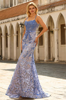 Laden Sie das Bild in den Galerie-Viewer, Graublaues Meerjungfrauen Korsett Paillettenbesetztes Langes Ballkleid mit Schleife