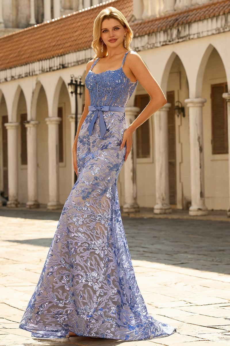 Laden Sie das Bild in den Galerie-Viewer, Graublaues Meerjungfrauen Korsett Paillettenbesetztes Langes Ballkleid mit Schleife