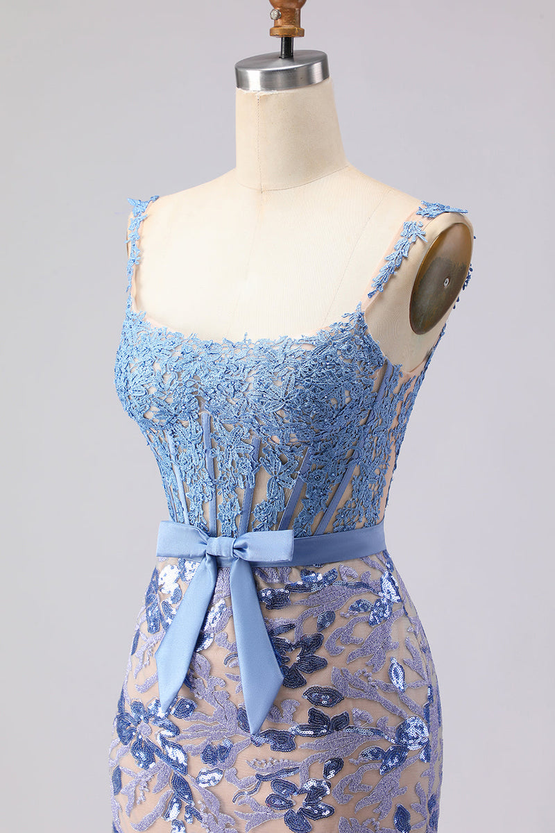 Laden Sie das Bild in den Galerie-Viewer, Meerjungfrauen-Graublaues Korsett, Pailletten-Langballkleid mit Schleife