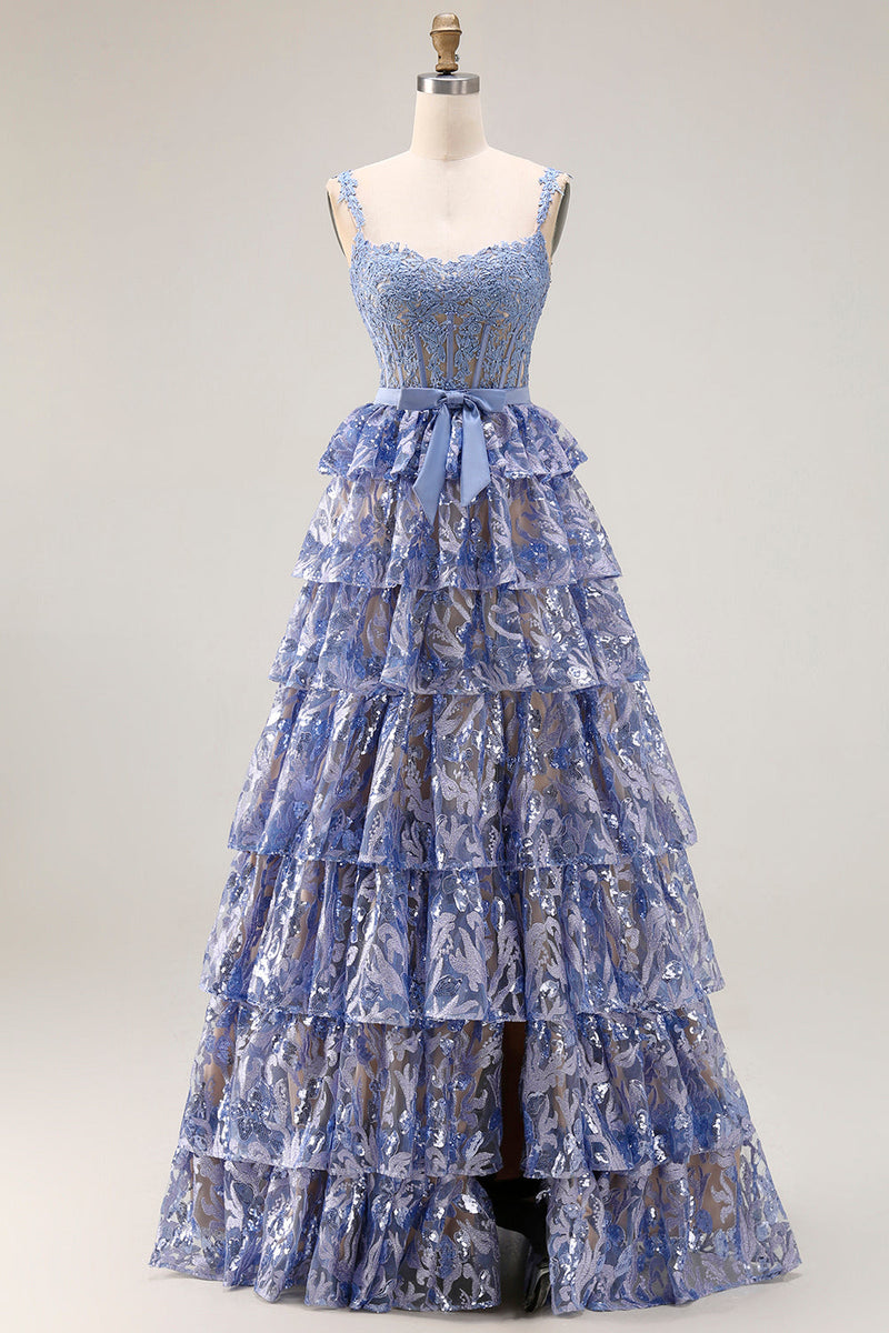 Laden Sie das Bild in den Galerie-Viewer, Graublaues, A-Linien-gestuftes, mit Pailletten besetztes langes Abschlussballkleid mit Schlitz