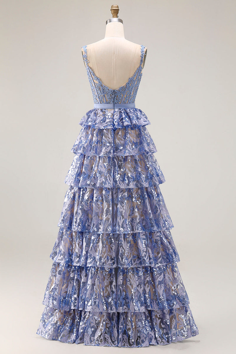 Laden Sie das Bild in den Galerie-Viewer, Graublaues A-Linien-Pailletten-Korsett-Korsett, langes Abschlussballkleid mit Schlitz