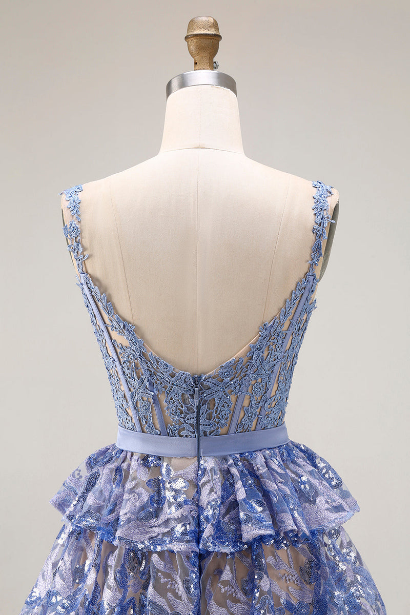 Laden Sie das Bild in den Galerie-Viewer, Graublaues, A-Linien-gestuftes, mit Pailletten besetztes langes Abschlussballkleid mit Schlitz