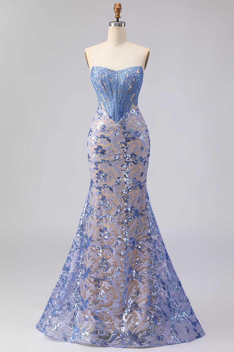 Laden Sie das Bild in den Galerie-Viewer, Graublaues, trägerloses Meerjungfrauen-Korsett, langes Abschlussballkleid mit Pailletten