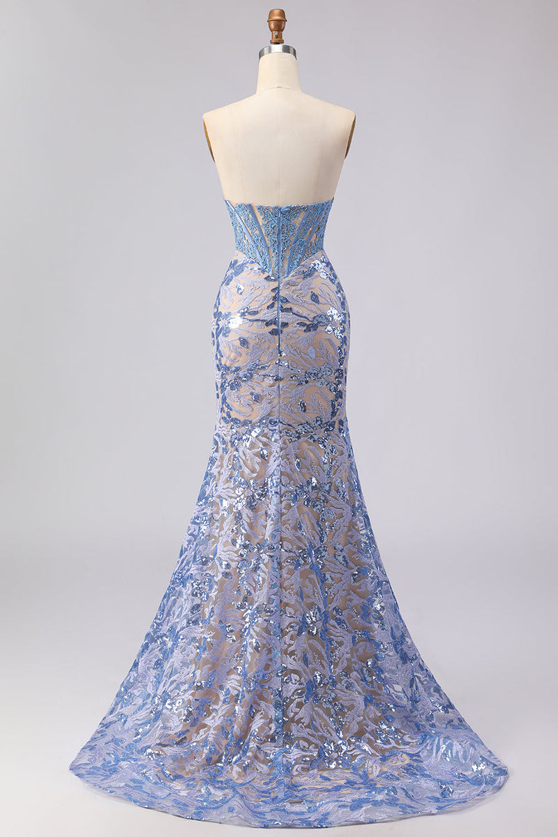 Laden Sie das Bild in den Galerie-Viewer, Graublaues, trägerloses Meerjungfrauen-Korsett, langes Abschlussballkleid mit Pailletten