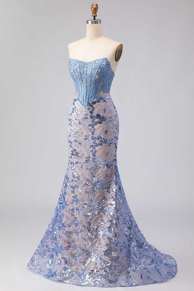 Laden Sie das Bild in den Galerie-Viewer, Graublaues, trägerloses Meerjungfrauen-Korsett, langes Abschlussballkleid mit Pailletten