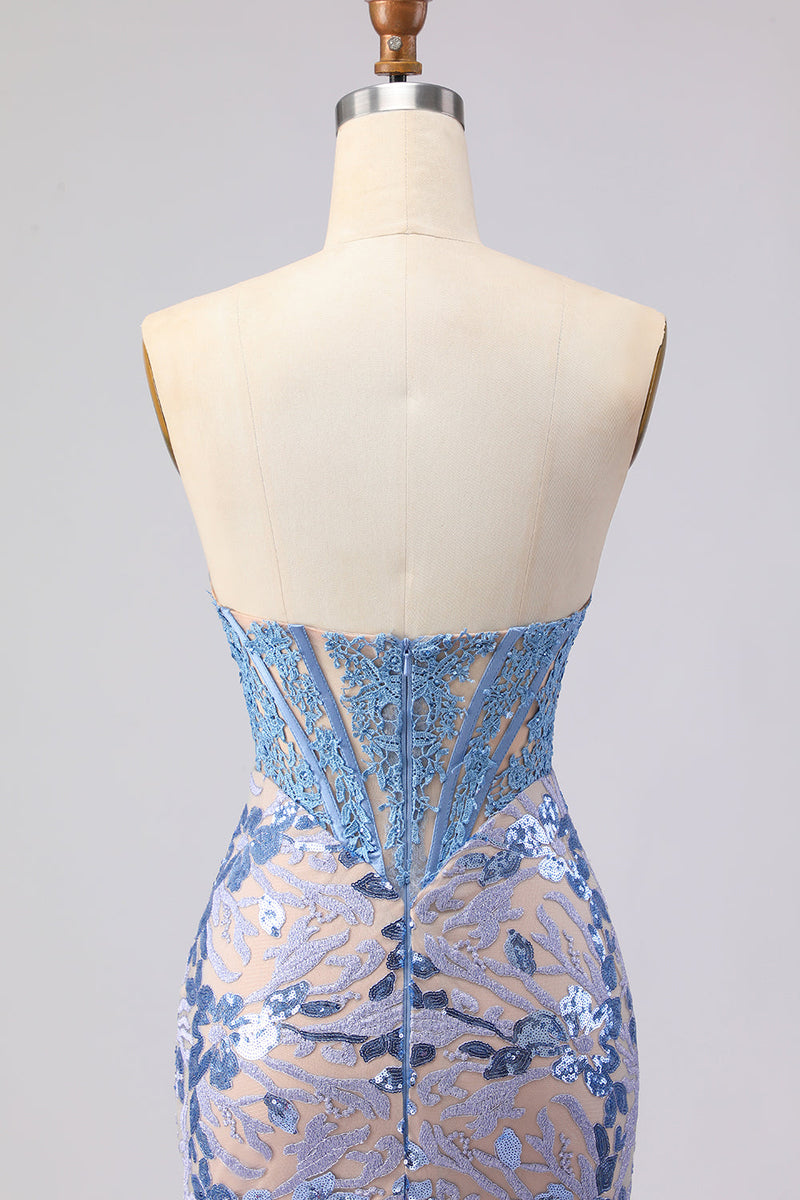 Laden Sie das Bild in den Galerie-Viewer, Graublaues, trägerloses Meerjungfrauen-Korsett, langes Abschlussballkleid mit Pailletten