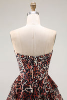 Laden Sie das Bild in den Galerie-Viewer, Braunes Leopard A Linie Herzausschnitt Gestuftes Langes Ballkleid mit Rüschen