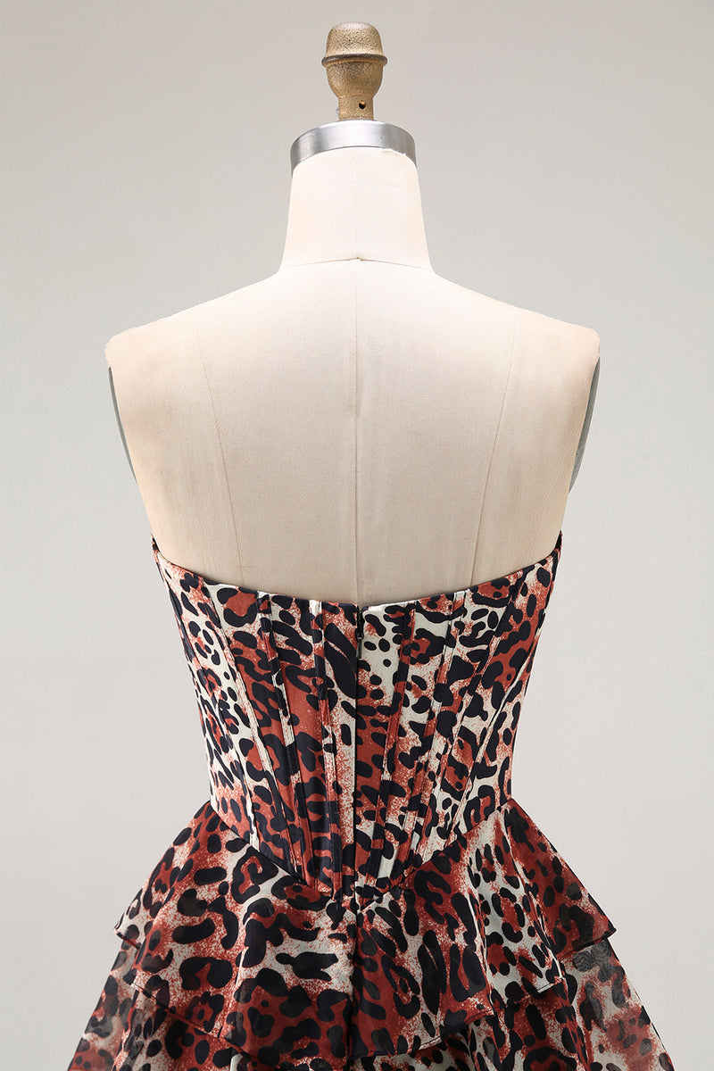 Laden Sie das Bild in den Galerie-Viewer, Braunes Leopard A Linie Herzausschnitt Gestuftes Langes Ballkleid mit Rüschen