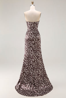 Kaffee Leopard Meerjungfrau Trägerloses Korsett Langes Ballkleid mit Schlitz