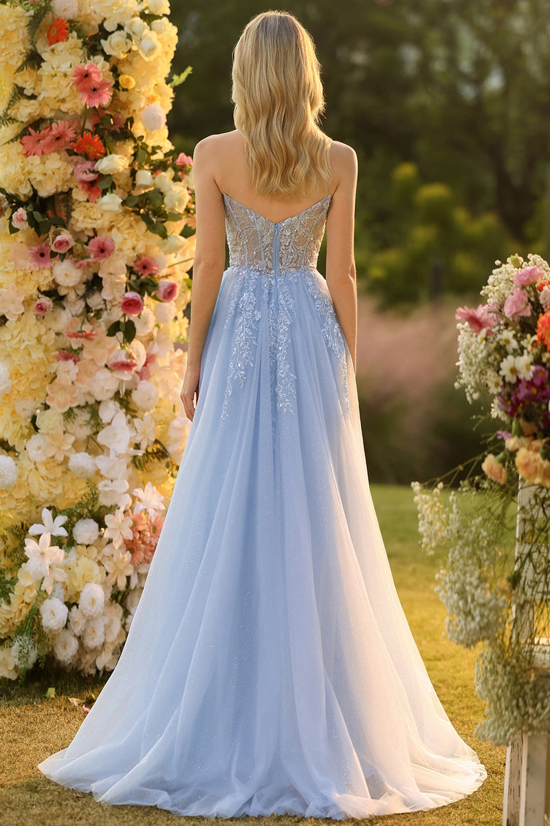 Laden Sie das Bild in den Galerie-Viewer, Blaues A-Linie Trägerloses Konvertieres Korsett Pailletten Langes Ballkleid mit abnehmbaren Ärmeln