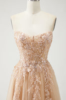 Laden Sie das Bild in den Galerie-Viewer, A-Linie Trägerloses Abnehmbares Ärmel Applikation Langes Lila Ballkleid mit Schlitz