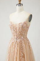 Laden Sie das Bild in den Galerie-Viewer, Champagner Trägerloses A-Linie Verwandelbar Applikationen Langes Ballkleid mit abnehmbaren Ärmeln