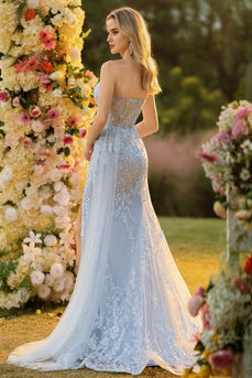 Blaues Herzausschnitt Meerjungfrauen Korsett Pailletten Langes Ballkleid mit Schlitz