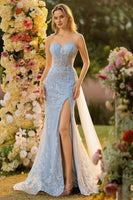 Laden Sie das Bild in den Galerie-Viewer, Lila Herzausschnitt Meerjungfrauen Korsett Pailletten Langes Ballkleid mit Schlitz