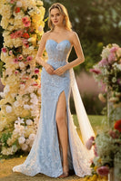 Laden Sie das Bild in den Galerie-Viewer, Blaues Herzausschnitt Meerjungfrauen Korsett Pailletten Langes Ballkleid mit Schlitz