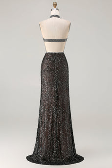 Glitzerndes Schwarzes Neckholder Meerjungfrauen Pailletten Schlüsselloch Langes Ballkleid mit Schlitz