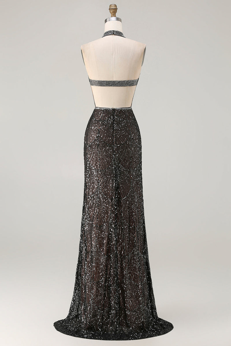 Laden Sie das Bild in den Galerie-Viewer, Glitzerndes Schwarzes Neckholder Meerjungfrauen Pailletten Schlüsselloch Langes Ballkleid mit Schlitz