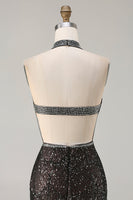 Laden Sie das Bild in den Galerie-Viewer, Glitzerndes Schwarzes Neckholder Meerjungfrauen Pailletten Schlüsselloch Langes Ballkleid mit Schlitz