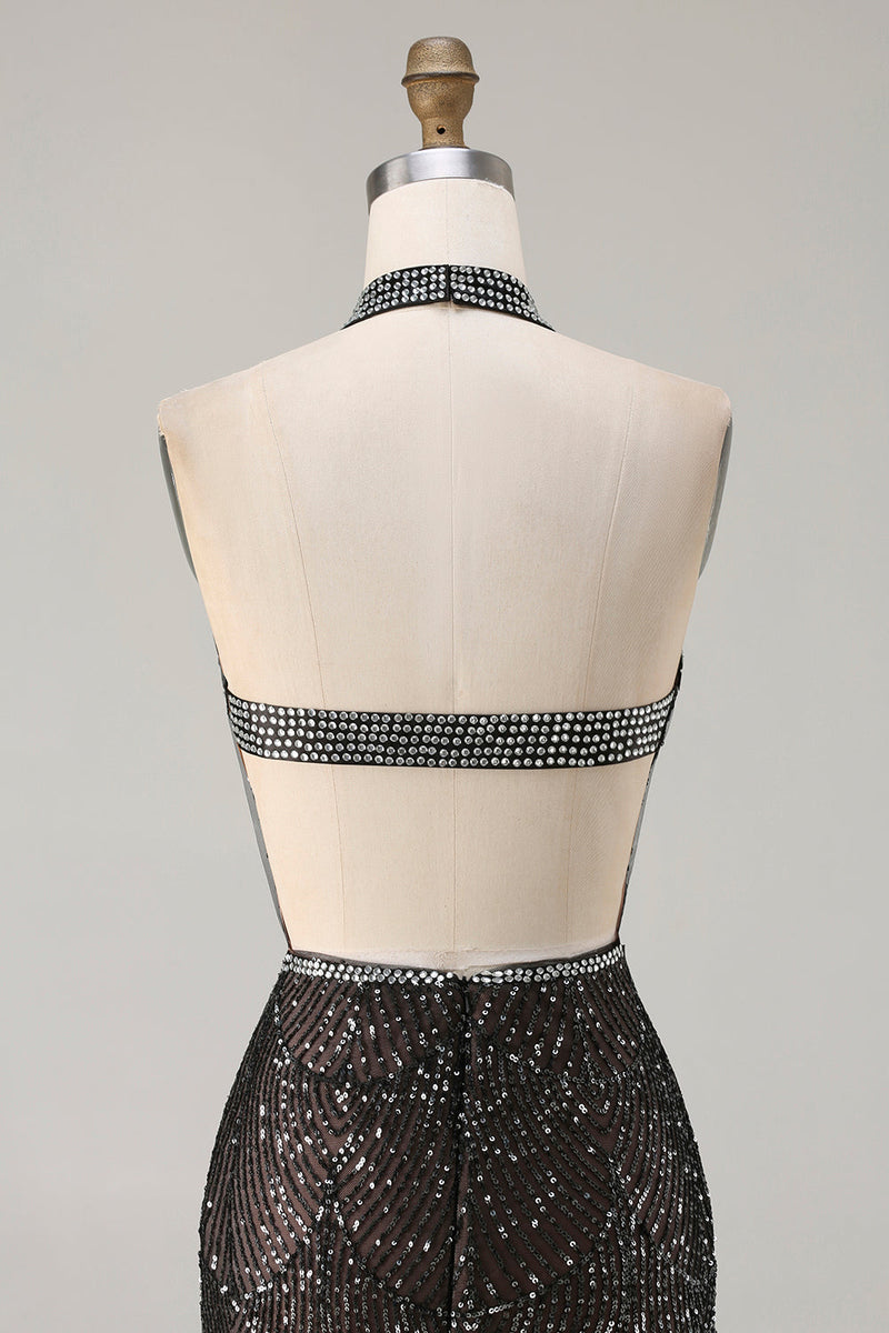 Laden Sie das Bild in den Galerie-Viewer, Glitzerndes Schwarzes Neckholder Meerjungfrauen Pailletten Schlüsselloch Langes Ballkleid mit Schlitz