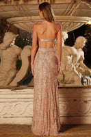 Laden Sie das Bild in den Galerie-Viewer, Champagner Pailletten Neckholder Meerjungfrau Perlen Schlüsselloch Langes Ballkleid mit Schlitz