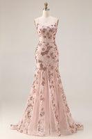 Laden Sie das Bild in den Galerie-Viewer, Glitzerndes Rose Goldene Meerjungfrauen Schnürung Rücken Langes Ballkleid mit Pailletten