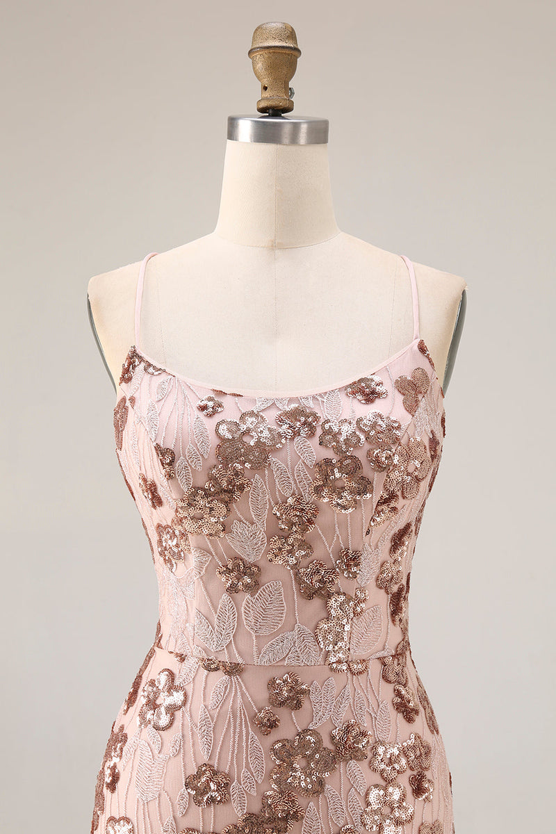 Laden Sie das Bild in den Galerie-Viewer, Glitzerndes Rose Goldene Meerjungfrauen Schnürung Rücken Langes Ballkleid mit Pailletten