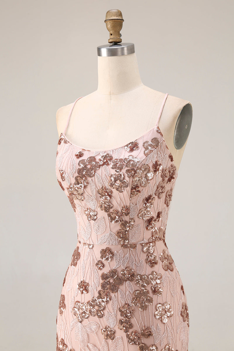 Laden Sie das Bild in den Galerie-Viewer, Glitzerndes Rose Goldene Meerjungfrauen Schnürung Rücken Langes Ballkleid mit Pailletten