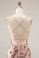 Laden Sie das Bild in den Galerie-Viewer, Glitzerndes Rose Goldene Meerjungfrauen Schnürung Rücken Langes Ballkleid mit Pailletten