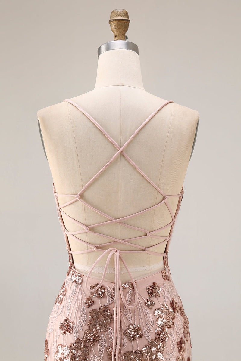 Laden Sie das Bild in den Galerie-Viewer, Glitzerndes Rose Goldene Meerjungfrauen Schnürung Rücken Langes Ballkleid mit Pailletten