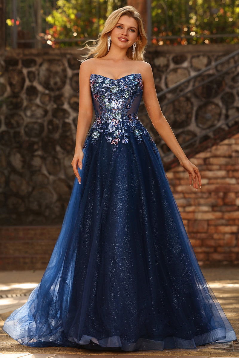 Laden Sie das Bild in den Galerie-Viewer, Marineblaues Trägerloses Transparentes Korsett Langes Tüll Ballkleid mit Pailletten