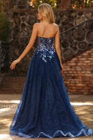 Laden Sie das Bild in den Galerie-Viewer, Marineblaues Trägerloses Transparentes Korsett Langes Tüll Ballkleid mit Pailletten