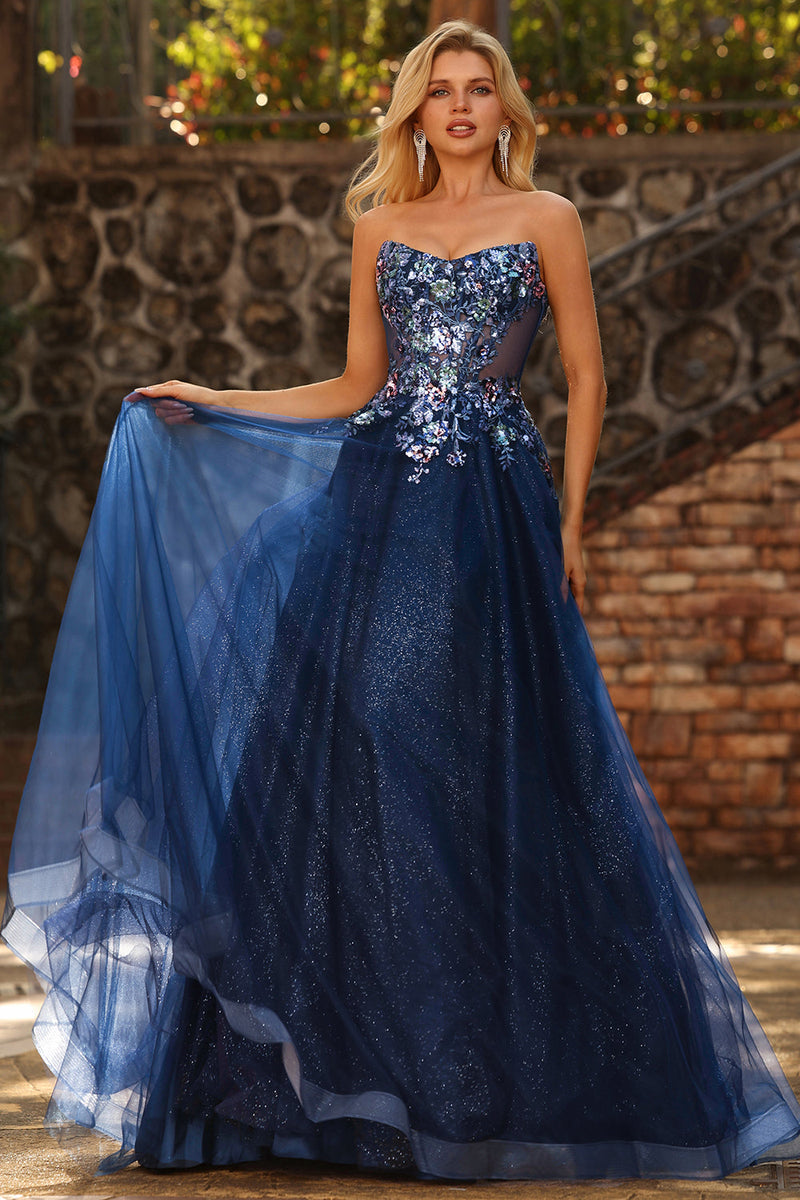 Laden Sie das Bild in den Galerie-Viewer, Marineblaues Trägerloses Transparentes Korsett Langes Tüll Ballkleid mit Pailletten