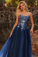 Laden Sie das Bild in den Galerie-Viewer, Marineblaues Trägerloses Transparentes Korsett Langes Tüll Ballkleid mit Pailletten