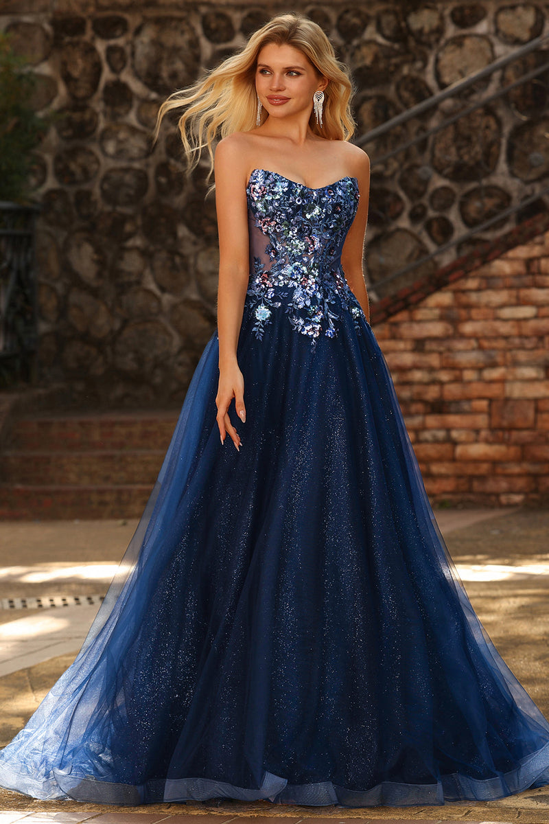 Laden Sie das Bild in den Galerie-Viewer, Marineblaues Trägerloses Transparentes Korsett Langes Tüll Ballkleid mit Pailletten