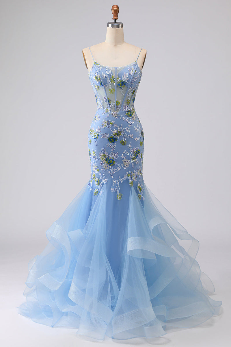 Laden Sie das Bild in den Galerie-Viewer, Blaues Transparentes Korsett Meerjungfrauen Besticktes Langes Ballkleid mit Schnürung