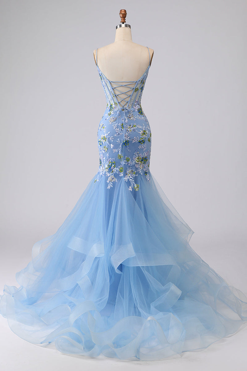 Laden Sie das Bild in den Galerie-Viewer, Blaues Transparentes Korsett Meerjungfrauen Besticktes Langes Ballkleid mit Schnürung