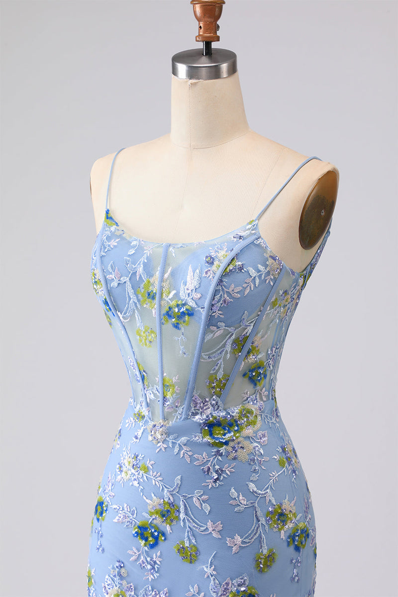 Laden Sie das Bild in den Galerie-Viewer, Blaues Transparentes Korsett Meerjungfrauen Besticktes Langes Ballkleid mit Schnürung