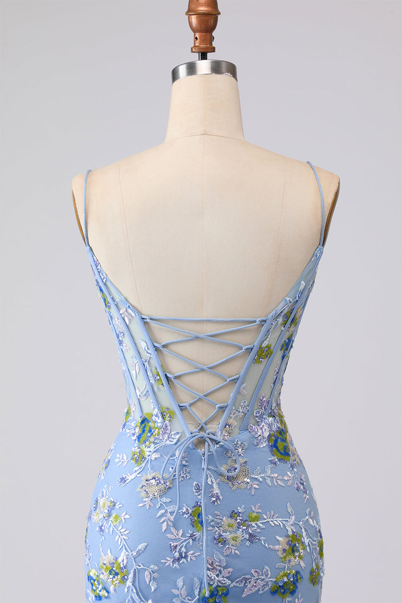 Laden Sie das Bild in den Galerie-Viewer, Blaues Transparentes Korsett Meerjungfrauen Besticktes Langes Ballkleid mit Schnürung