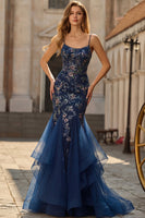 Laden Sie das Bild in den Galerie-Viewer, Blaues Transparentes Korsett Meerjungfrauen Besticktes Langes Ballkleid mit Schnürung