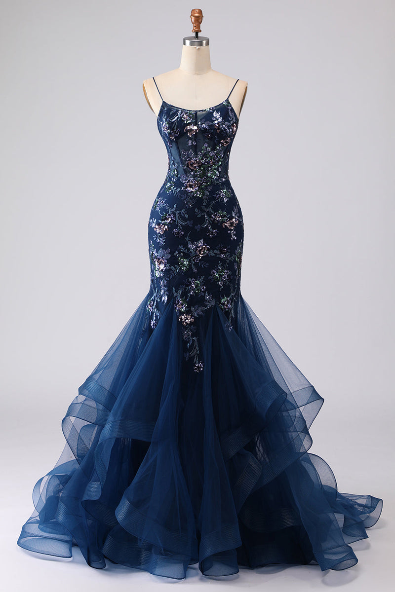 Laden Sie das Bild in den Galerie-Viewer, Blaues Transparentes Korsett Meerjungfrauen Besticktes Langes Ballkleid mit Schnürung