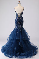 Laden Sie das Bild in den Galerie-Viewer, Blaues Transparentes Korsett Meerjungfrauen Besticktes Langes Ballkleid mit Schnürung