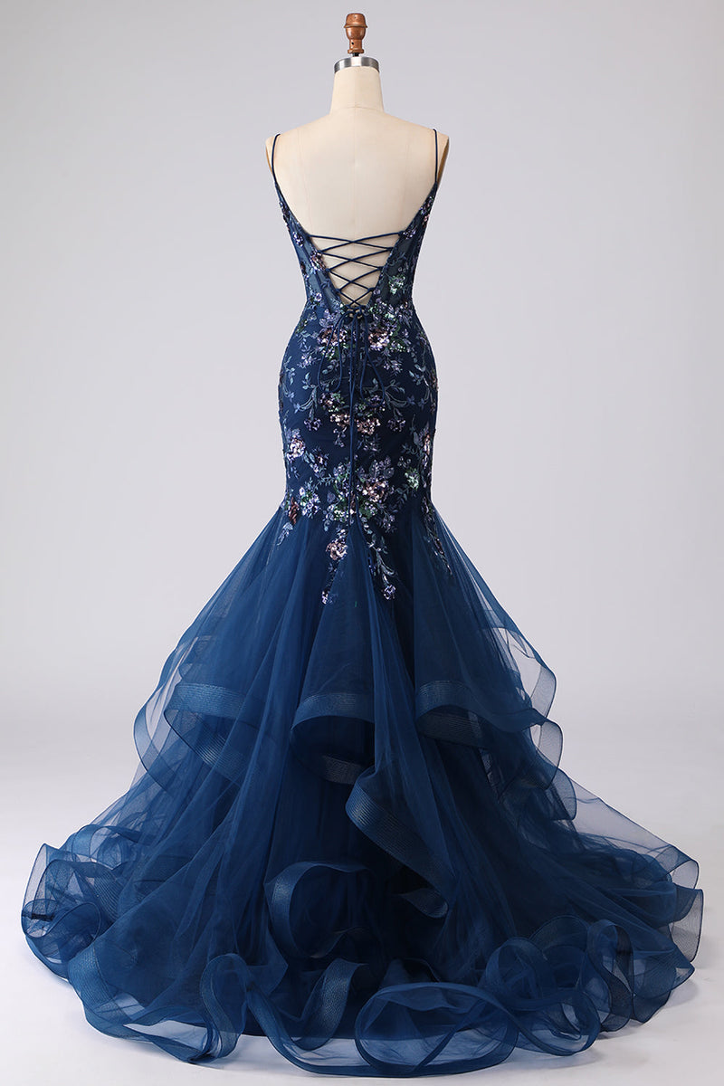 Laden Sie das Bild in den Galerie-Viewer, Blaues Transparentes Korsett Meerjungfrauen Besticktes Langes Ballkleid mit Schnürung