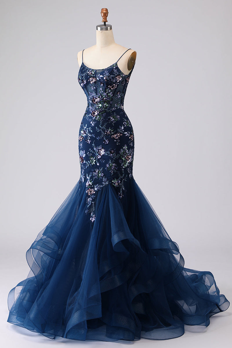 Laden Sie das Bild in den Galerie-Viewer, Blaues Transparentes Korsett Meerjungfrauen Besticktes Langes Ballkleid mit Schnürung