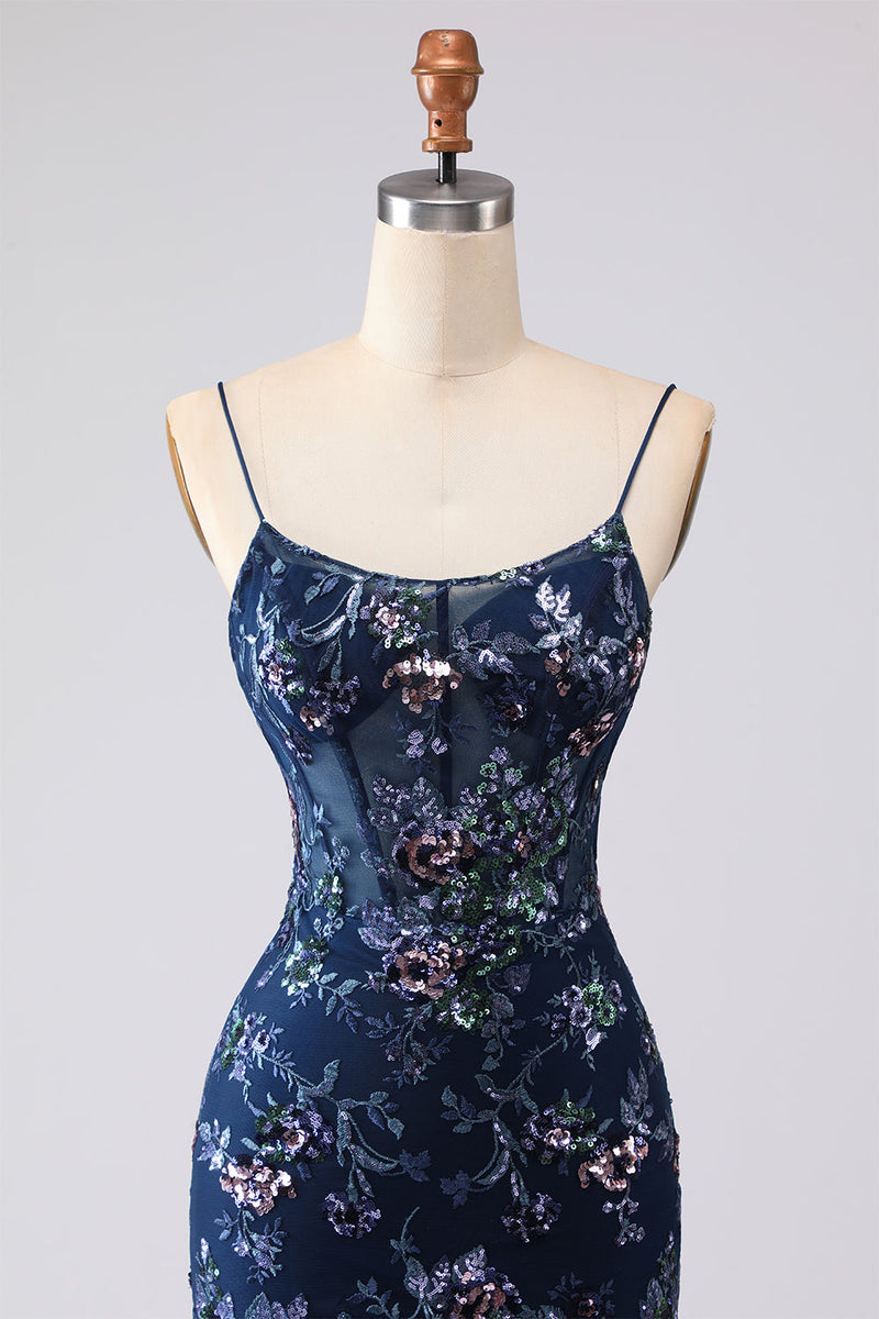 Laden Sie das Bild in den Galerie-Viewer, Blaues Transparentes Korsett Meerjungfrauen Besticktes Langes Ballkleid mit Schnürung