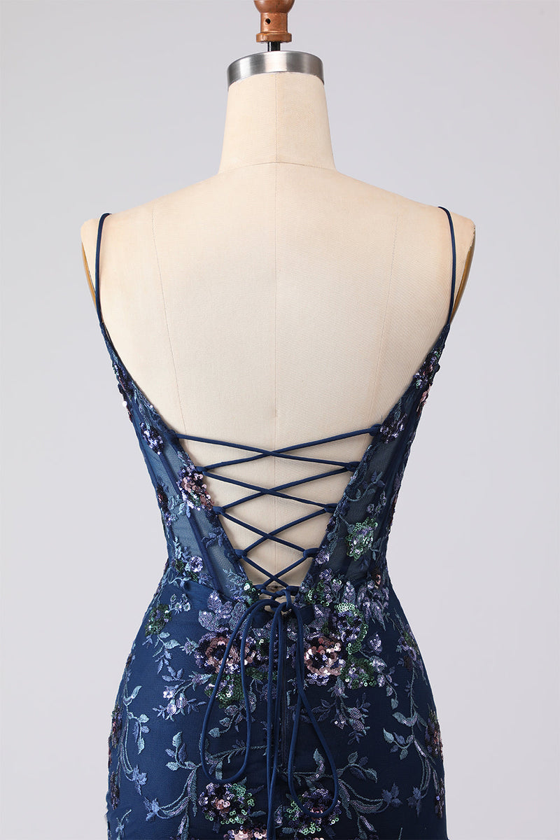 Laden Sie das Bild in den Galerie-Viewer, Blaues Transparentes Korsett Meerjungfrauen Besticktes Langes Ballkleid mit Schnürung